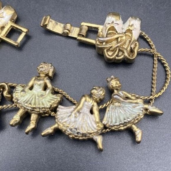 Vtg Ballerina Slide Charm Bracelet Ballet Dance Slippers Silver Wash Gold Tone - Picture 8 of 9